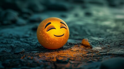 A highly detailed, realistic emoji, resting gently on a textured surface, with dramatic lighting emphasizing its vibrant color.