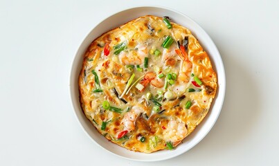 Seafood and green onion pancakes in a white dish on a white table is Haemul Pajeon, Generative AI.