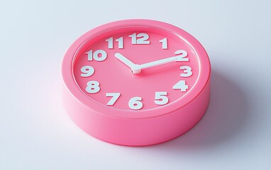 Vibrant pink alarm clock with white numbers, placed on a stark white background