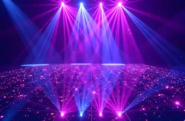 Illuminated Dance Floor with Spotlight Effects. A glowing dance floor covered in sparkling lights, enhanced by dramatic pink and blue spotlights creating a vibrant atmosphere.