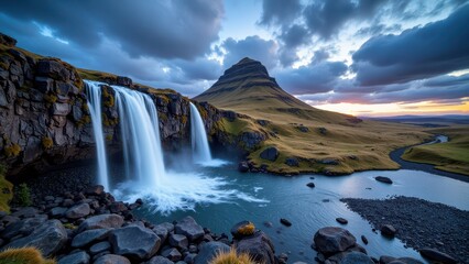A serene landscape features a majestic waterfall cascading into a tranquil pond, framed by towering mountains in the distance under an open sky