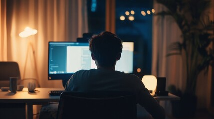 Focused Man Working on Computer at Night in Home Office