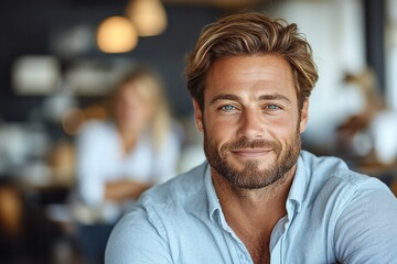 Fototapeta premium A smiling man with tousled hair in a casual setting, exuding warmth and approachability.