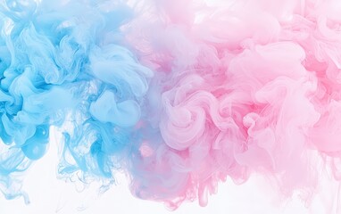 Fototapeta premium Wispy pastel-colored smoke in soft pink and blue, forming gentle swirls on a white background