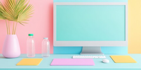 A vibrant, colorful workspace featuring a pastel background, computer screen, and green plant.