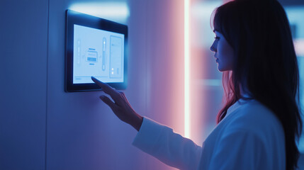 Woman hand controlling smart devices using control panel mounted on the wall. Digital tablet with mobile application. Smart home concept