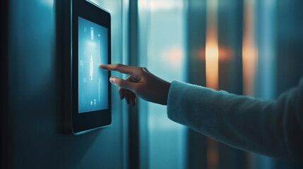 Woman hand controlling smart devices using control panel mounted on the wall. Digital tablet with mobile application. Smart home concept
