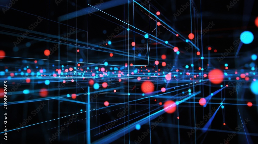 Poster abstract network of glowing dots and lines in blue and red