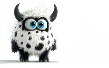 Fototapeta premium 3D funny fluffy black-and-white spotted monster with horns and big blue eyes, cartoon character standing on a bright white background