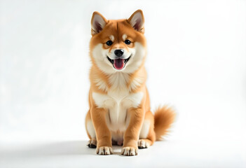 A young, fluffy Shiba Inu dog with a reddish-orange coat and pointed ears sitting and looking directly at the camera with a happy, open-mouthed expression