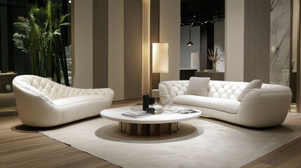 A white couch and a white coffee table are in a living room. The couch is on the left side of the room and the coffee table is in the middle