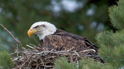Obraz premium Bald eagle in nest, pine tree background, wildlife, nature