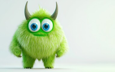 3D funny fluffy bright green monster with horns and big blue eyes, cartoon character standing on a bright white background