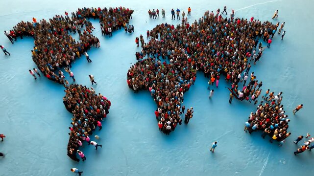Multicultural people coming together to form a world map representation in a creative outdoor event showcasing unity and diversity among global communities in a vibrant setting