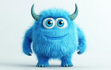 Fototapeta premium 3D funny fluffy cyan monster with horns and big blue eyes, cartoon character standing on a bright white background