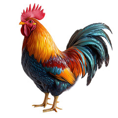 Fototapeta premium A colorful rooster with vibrant plumage, showcasing its striking feathers and stance.