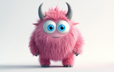 Obraz premium 3D funny fluffy pastel pink monster with horns and big blue eyes, cartoon character standing on a bright white background