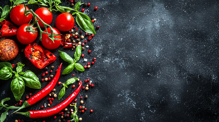 Fresh red tomatoes, chili peppers, basil, and peppercorns on dark background.