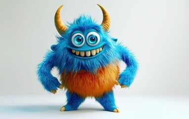 Fototapeta premium 3d smiled and funny Fluffy bright monster with horns and big blue eyes, cartoon charachter standing on a bright white background