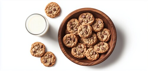 Chocolate chip cookies, wooden bowl, glass of milk, top view.