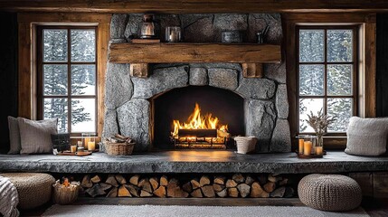 A cozy stone fireplace with a warm fire, surrounded by rustic decor and winter scenery.