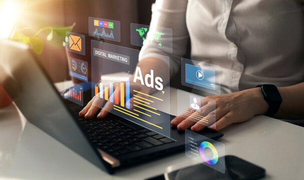 Digital marketing concept.Online advertising ,digital marketing and ad on internet to targeted customers. Ads dashboard screen digital.