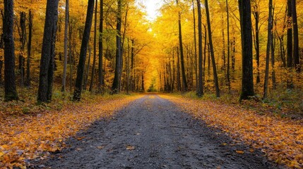 Obraz premium Autumn road through golden forest, scenic drive, fall foliage, nature background, travel photography