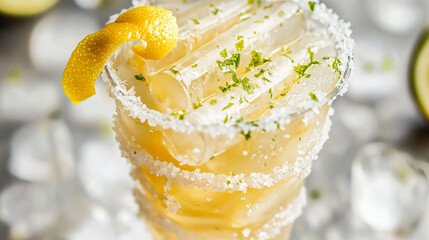 A fancy Gin and Tonic cocktail with a lemon twist, crushed ice, and a lime zest sprinkle, served in a coupe glass.