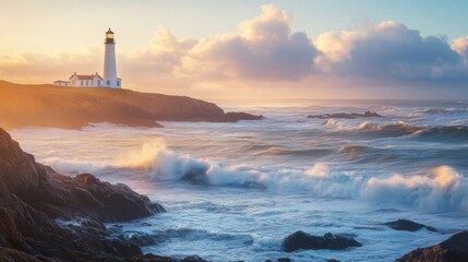 Coastal Lighthouse with Dramatic Waves at Sunset