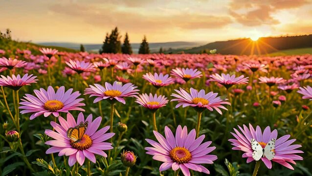 Colorful field of blooming daisies at sunset with butterflies seamless looping 4k time-lapse animation video background