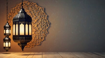 Islamic template design with a Ramadan Kareem background, featuring simple hanging lanterns and generous space for text.