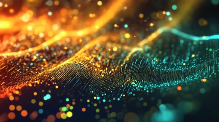 Abstract wave of glowing particles, vibrant energy, dynamic motion, technology background