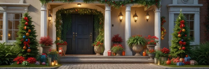 A charming holiday entrance decorated with lush greenery and colorful decorations, evergreen, snowy exterior