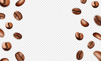 Falling realistic coffee beans vector. Brown roasted coffee grains flying background
