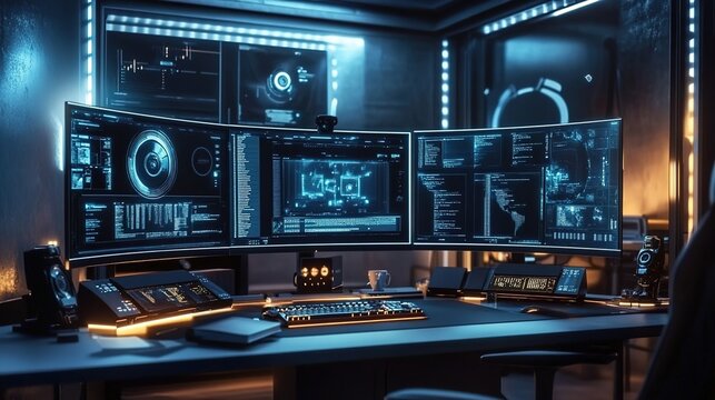 A futuristic home office setup with three monitors displaying advanced software, surrounded by high-tech gadgets and tech accessories
