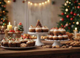 A Christmas dessert table with cupcakes and cookies , food, meal, cupcake