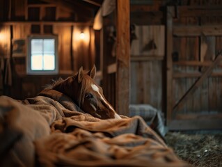 Cozy Horse Wrapped in a Blanket Inside a Barn