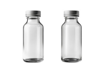 Clear glass bottles with silver caps displayed against a white background for packaging and storage purposes