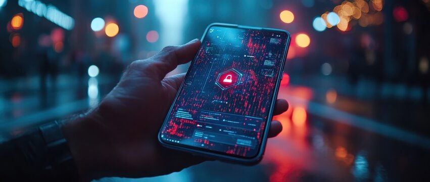 Holding a smartphone with a security dashboard displayed on the screen
