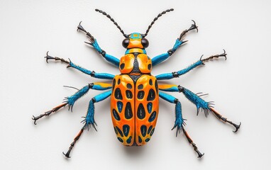 Fototapeta premium A vibrant orange-and-blue blister beetle with elongated body and fine details, perfectly centered on a white backdrop