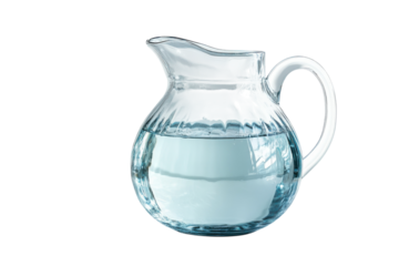 Clear glass pitcher filled with water on a white background, perfect for dining or serving beverages