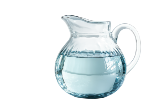 Clear glass pitcher filled with water on a white background, perfect for dining or serving beverages