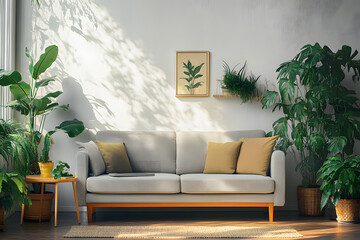 Interior of living room with sofa, table and green plants