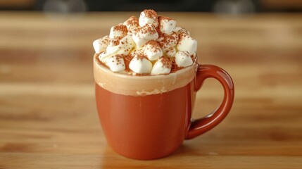 Hot chocolate in a festive mug with marshmallows, whipped cream, and a sprinkle of cocoa powder