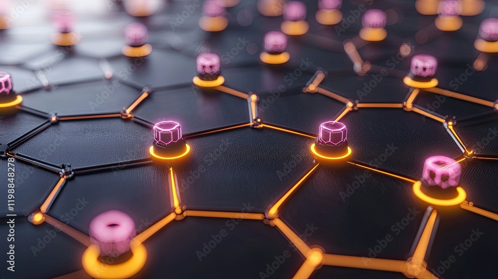 Poster illuminated nodes connected in a hexagonal network