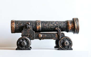 Antique cannon with intricate details, scaled down for display on a clean white surface