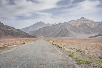 Asphalt road of the Pamir Highway in the valley of the Tien Shan Mountains in Tajikistan in the Pamirs, landscape in the high desert mountains for background, the road goes into the distance © Denis
