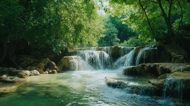 A serene landscape featuring a natural spring with crystal-clear water flowing over smooth rocks, surrounded by a lush green forest
