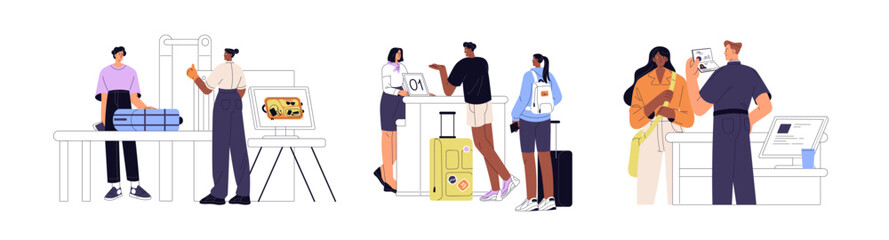 Customs safety set. Guards of baggage and passport control inspect crossing border tourists. Travelling passengers are at check in counter, registration. Flat isolated vector illustrations on white