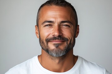 A smiling man with a beard poses against a neutral background, exuding confidence and warmth.